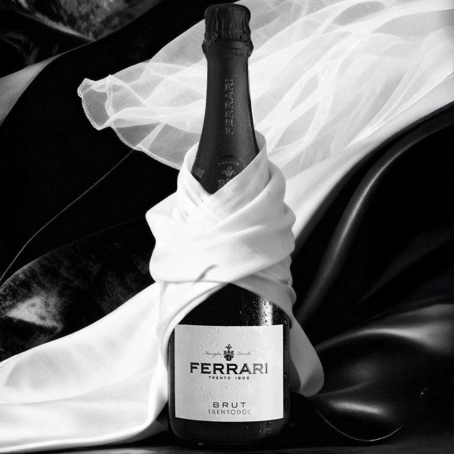 Load image into Gallery viewer, Bottle of Ferrari Trento Brut Metodo Classico sparkling wine with a mountainous background