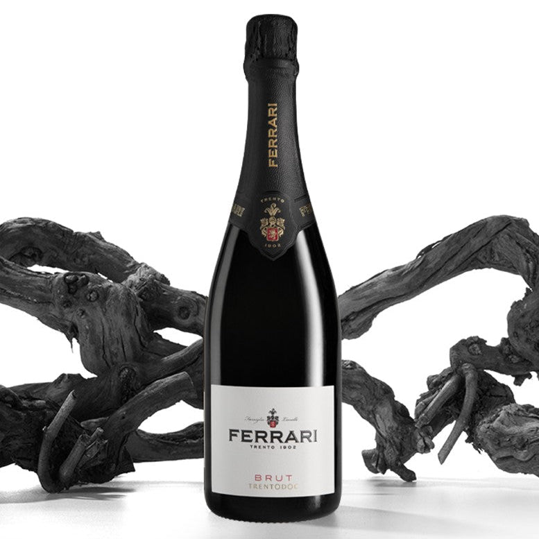 Load image into Gallery viewer, A bottle of Ferrari Brut Trentodoc sparkling wine, styled with dark, gnarled driftwood branches on a clean white background.