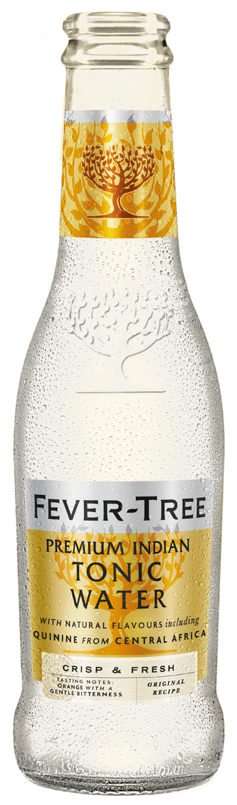 A bottle of Fever-Tree Premium Indian Tonic Water, 200ml, with branding and design elements visible