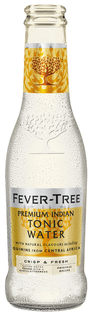 A bottle of Fever-Tree Premium Indian Tonic Water, 200ml, with branding and design elements visible