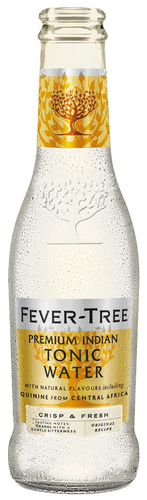 A bottle of Fever-Tree Premium Indian Tonic Water, 200ml, with branding and design elements visible