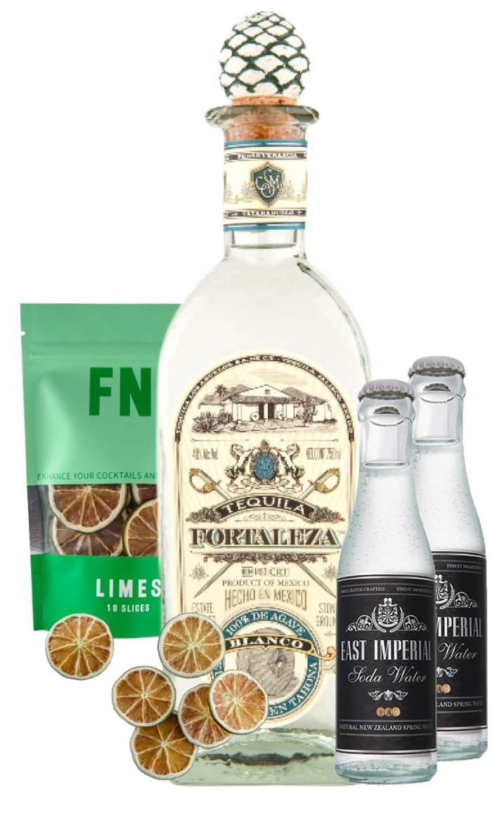 Load image into Gallery viewer, Fortaleza Blanco Tequila bottle with lime slices and two East Imperial Soda water bottles on a white background