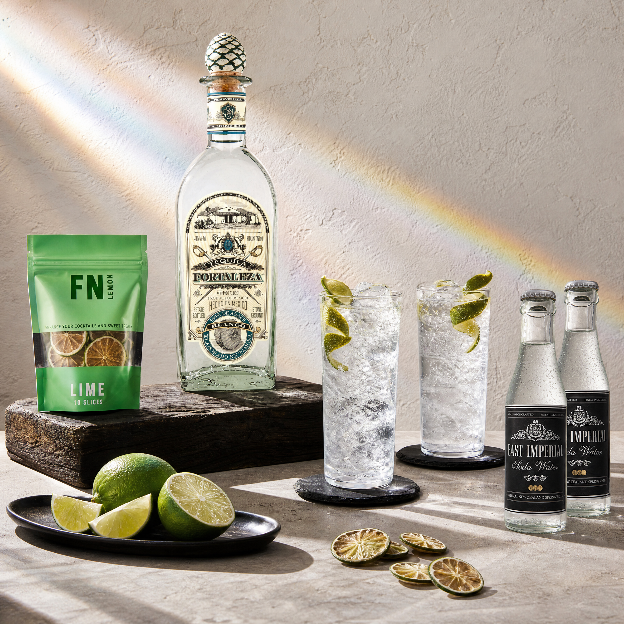 Load image into Gallery viewer, Bottle of Fortaleza Blanco tequila, East Imperial Soda water with lime slices, a bag labeled 'FN Lime slices', and two glasses with soda on a wooden surface.