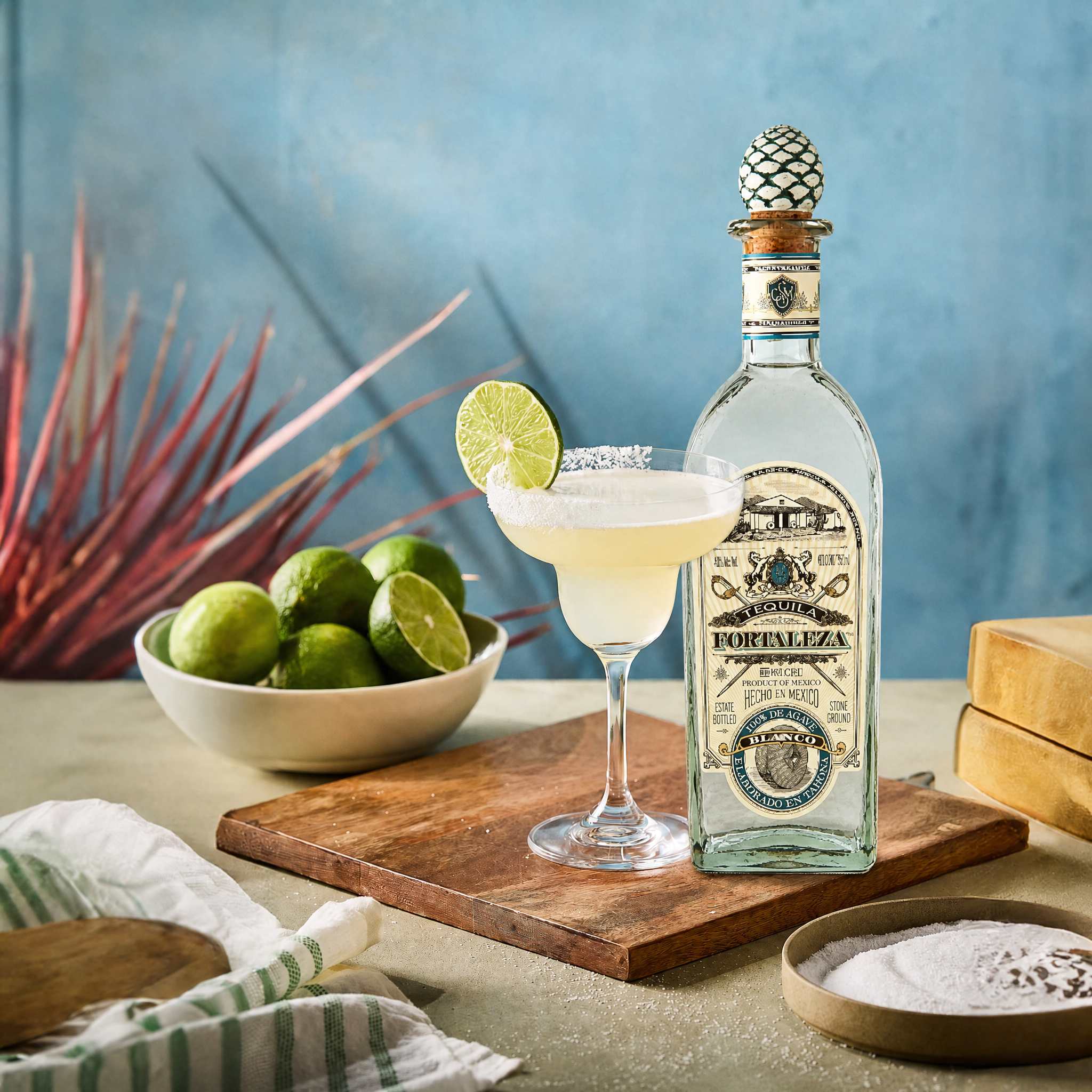 Load image into Gallery viewer, Bottle of Fortaleza Blanco tequila with a cocktail and limes on a wooden cutting board.B