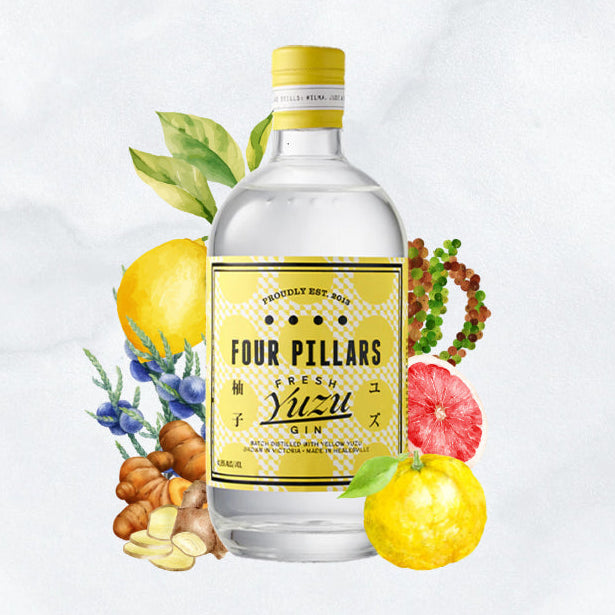 Load image into Gallery viewer, Bottle of Four Pillars Fresh Yuzu Gin with yuzu fruits and botanicals on a white background