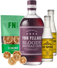 Load image into Gallery viewer, Bottle of Four Pillars Bloody Shiraz Gin with a pouch of lemons and two bottles of tonic water on a white background.