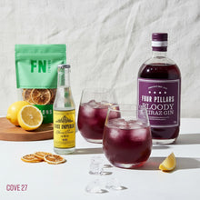 Load image into Gallery viewer, Tonic bottle and glasses of Four Pillars Bloody Shiraz Gin with garnishes on a white surface