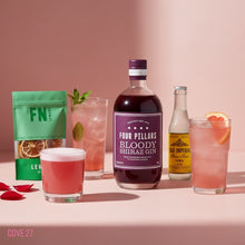 Load image into Gallery viewer, Bottle of Four Pillars Bloody Shiraz Gin with cocktails and ingredients on a pink background