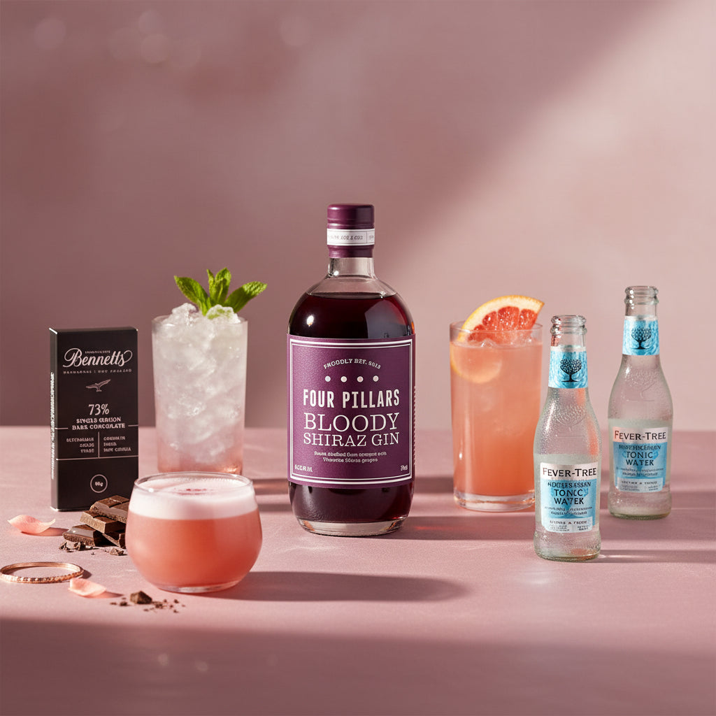 Load image into Gallery viewer, Four Pillars Bloody Shiraz Gin bottle with cocktails and tonic water on a pink background