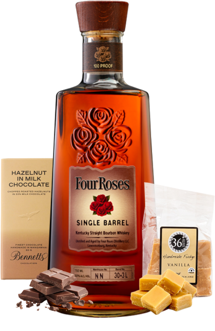 Load image into Gallery viewer, Four Roses Single Barrel Kentucky Straight Bourbon Whiskey 100 Proof bottle, shown with its packaging box, chocolate pieces, and vanilla caramel fudge on a white background.