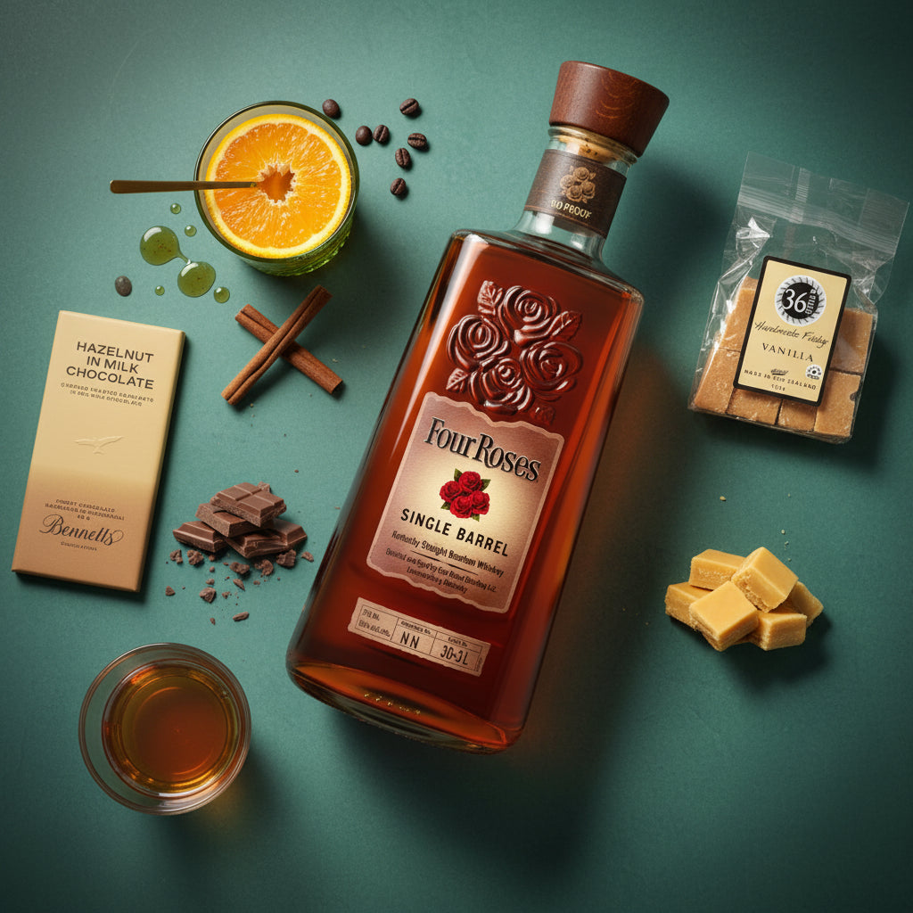 Load image into Gallery viewer, A styled flat-lay featuring a bottle of Four Roses Single Barrel whiskey surrounded by food props, including an orange slice, hazelnut chocolate pieces, vanilla fudge, and a glass of bourbon, all arranged on a dark teal background.