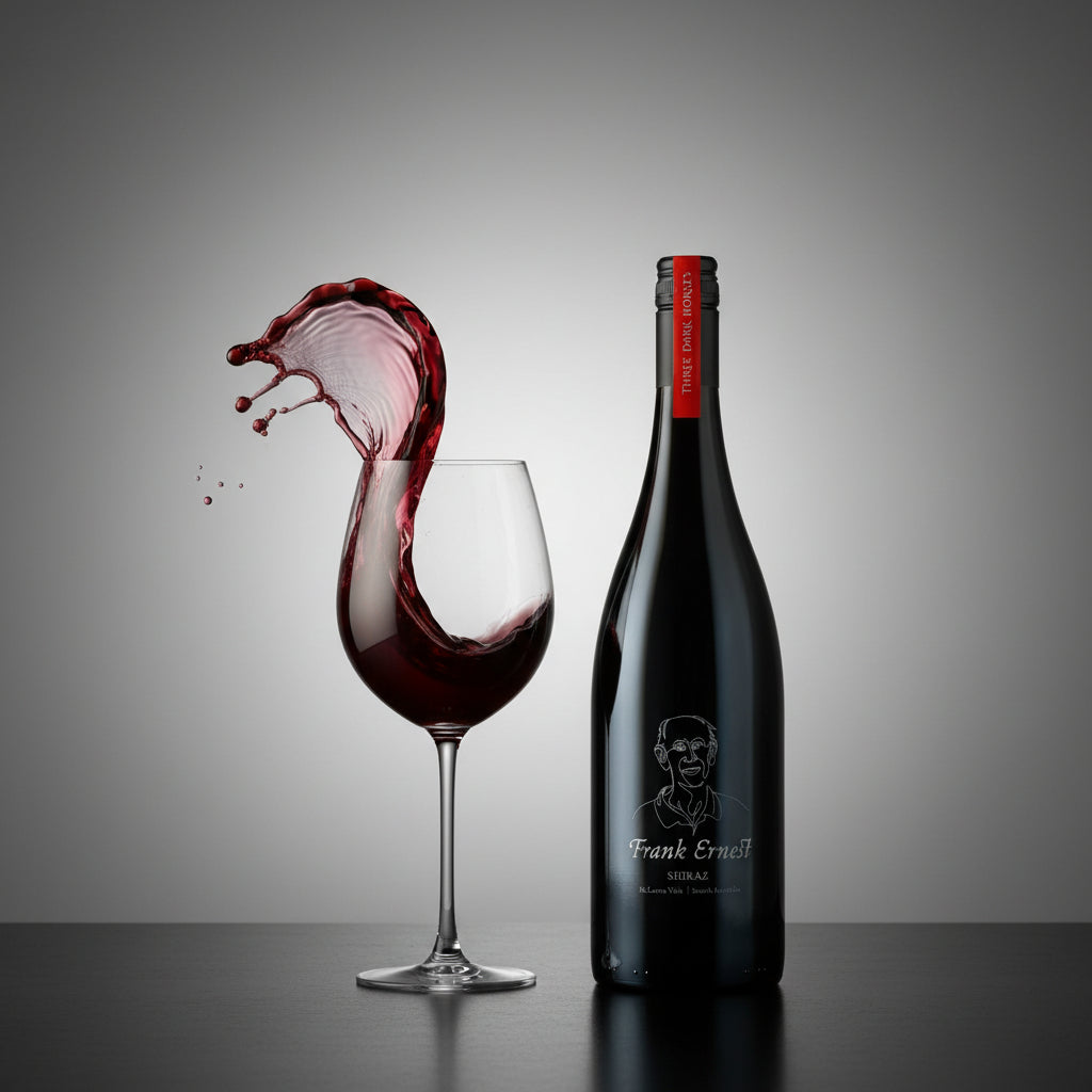 Load image into Gallery viewer, Frank Ernest Shiraz red wine bottle and glass with red wine on a grey background