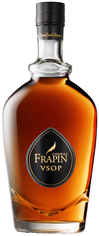 A bottle of Frapin VSOP Cognac with a clear label displaying the brand and type, set against a plain background.