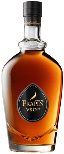A bottle of Frapin VSOP Cognac with a clear label displaying the brand and type, set against a plain background.