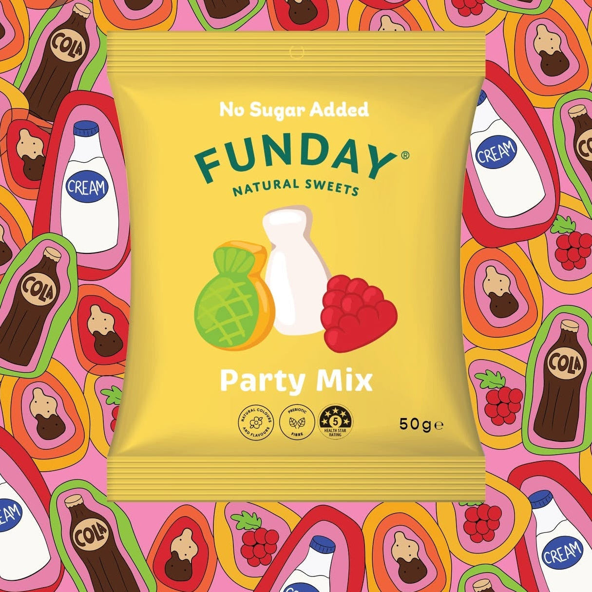 Load image into Gallery viewer, A yellow bag of Funday Natural Sweets Party Mix centered on a colorful illustrated background of candy and drink illustrations.