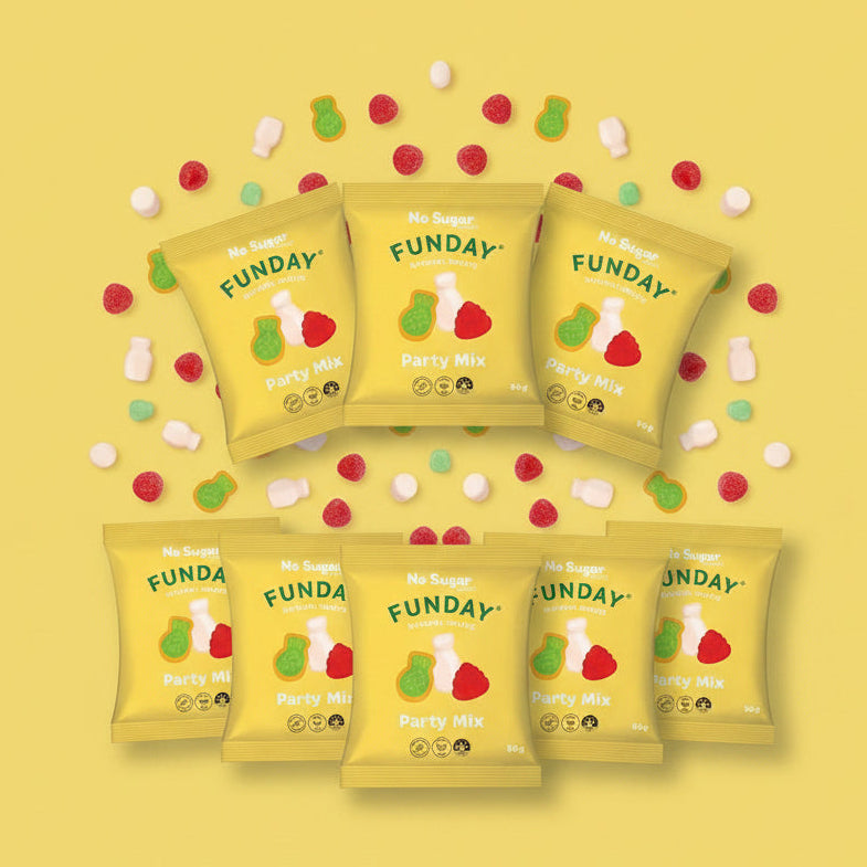 Load image into Gallery viewer, Six yellow bags of Funday Party Mix natural sweets gummies arranged in two rows on a solid yellow background, surrounded by scattered red, green, and white gummy candies.