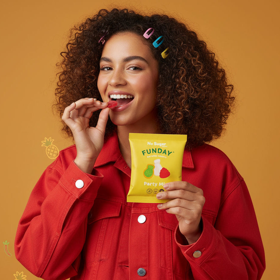 Load image into Gallery viewer, A woman with curly brown hair wearing a red denim jacket holds a yellow bag of FUNDAY Party Mix candy and eats a red piece. The background is a solid warm orange-brown color with small decorative fruit and heart graphics.
