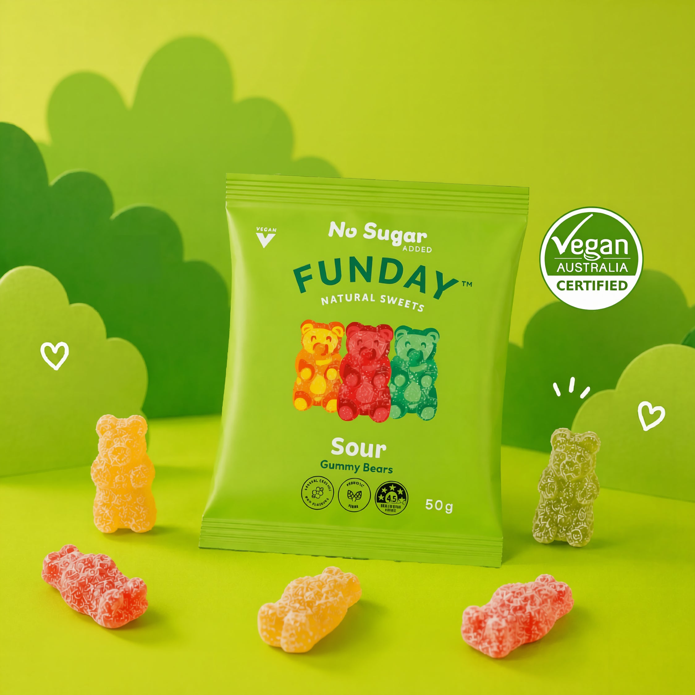 Load image into Gallery viewer, A 50g bag of FUNDAY Vegan Sour Gummy Bears on a bright lime green background with stylised green leaf shapes. The lime green bag features three colourful gummy bears (yellow, red, and green) and includes a 'Vegan Australia Certified' badge.
