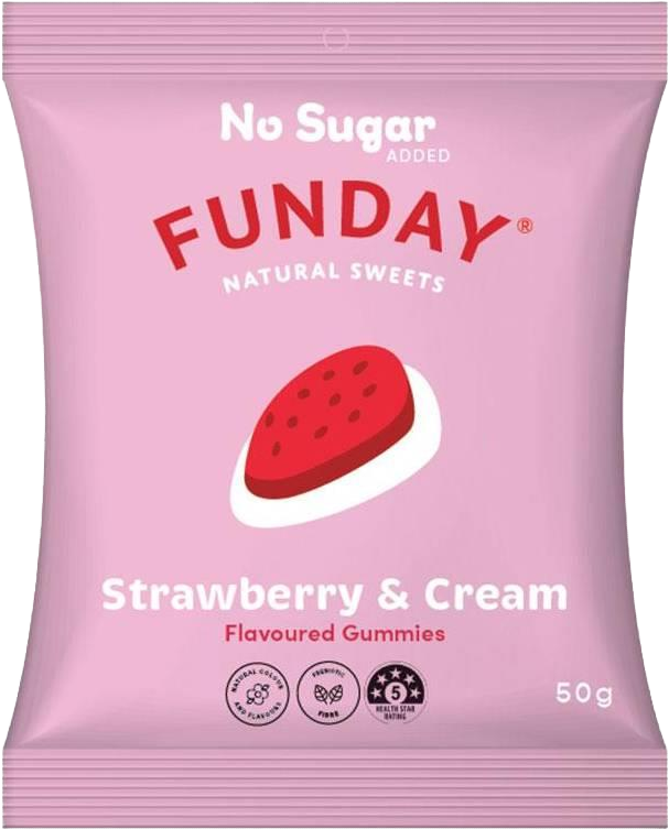 Load image into Gallery viewer, A 50g package of Funday Strawberry &amp; Cream Gummies. The packaging is light pink with a red and white strawberry gummy illustration in the centre, and text indicating 'No Sugar ADDED' and 'Strawberry &amp; Cream Flavoured Gummies'.