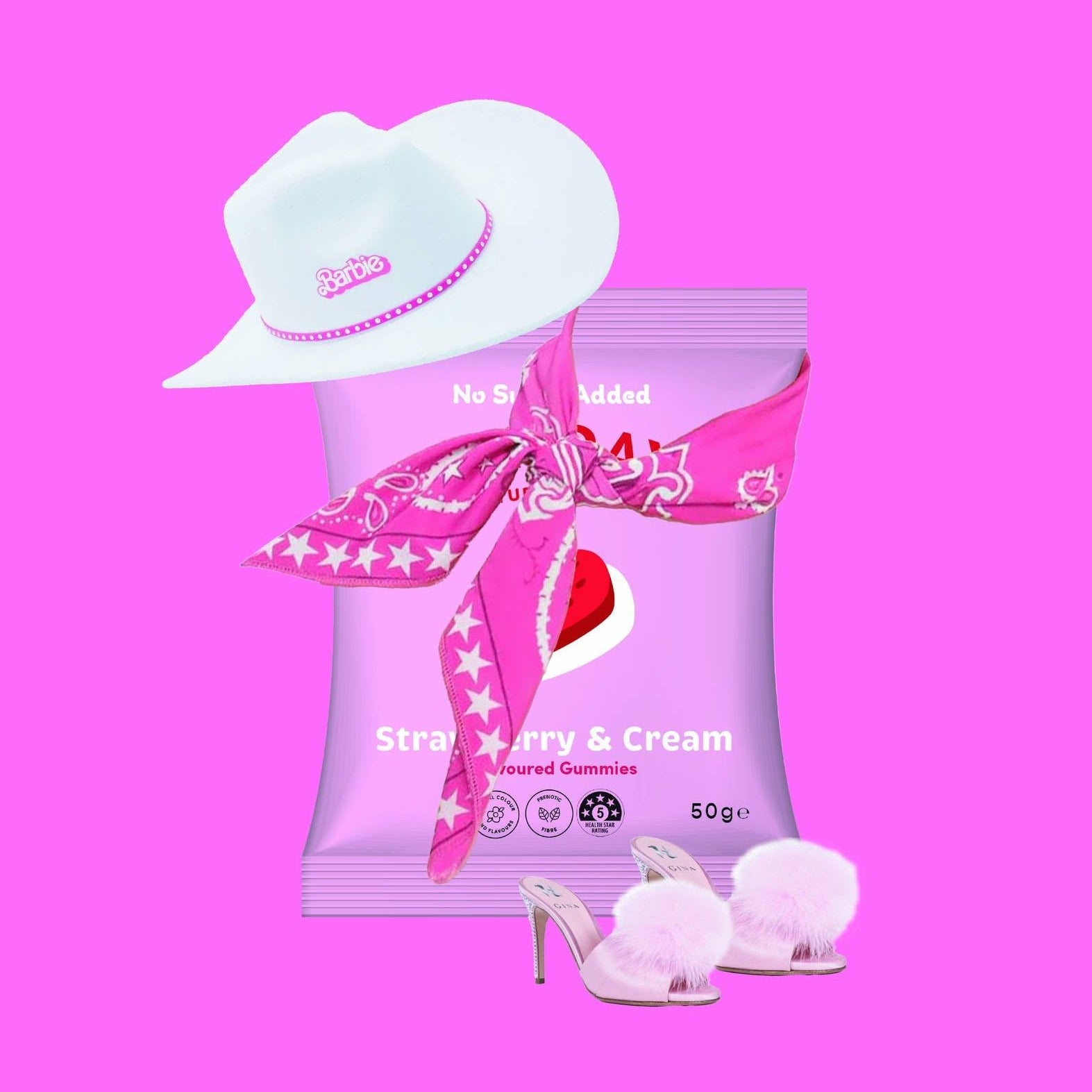 Load image into Gallery viewer, A 50g package of Funday Strawberry &amp; Cream Gummies tied with a pink western-style ribbon, styled with a white cowboy hat and pink high-heeled shoes on a solid pink background.