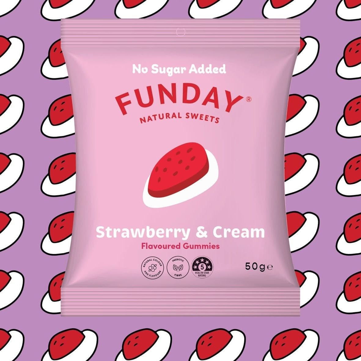 Load image into Gallery viewer, A pink Funday Strawberry &amp; Cream Flavoured Gummies package, featuring a strawberry gummy illustration, set against a purple background with a repeating strawberry pattern.