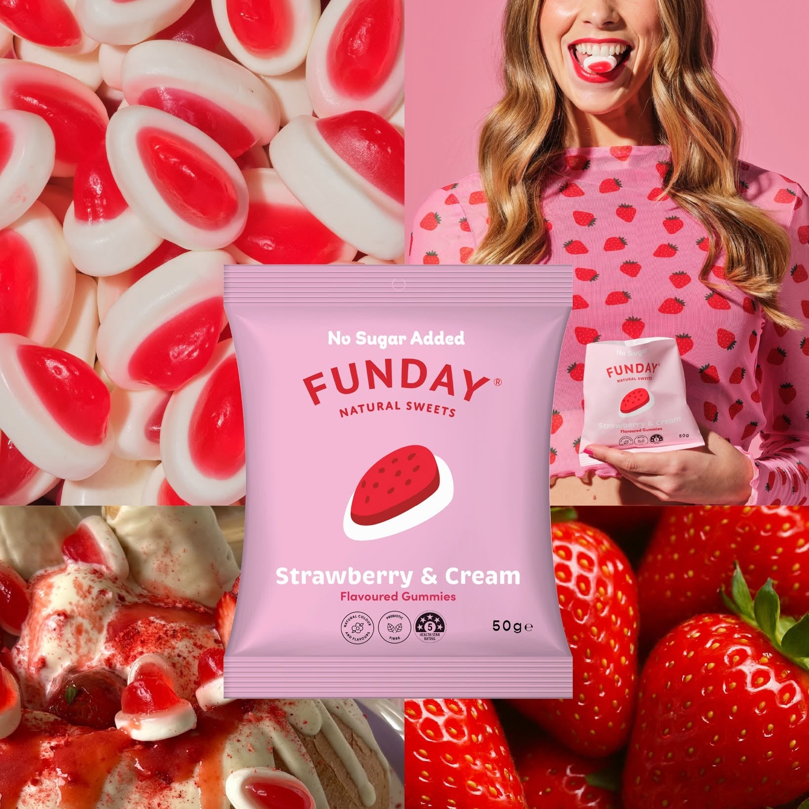 Load image into Gallery viewer, A pink bag of FUNDAY Strawberry &amp; Cream flavored gummies is centered, with a smiling woman in a strawberry-patterned top holding a smaller matching packet in the upper right. The background is filled with strawberries and gummy candies, and a dessert with strawberry sauce appears in the lower left.