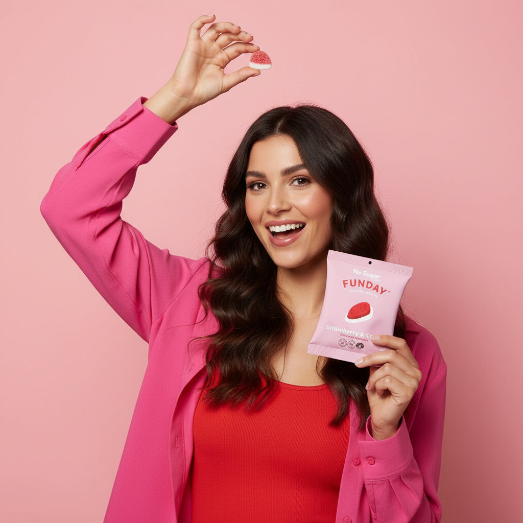 Load image into Gallery viewer, A brunette woman holding a 50g package of Funday Strawberry &amp; Cream Gummies in one hand and a small gummy sweet in the other above her head.