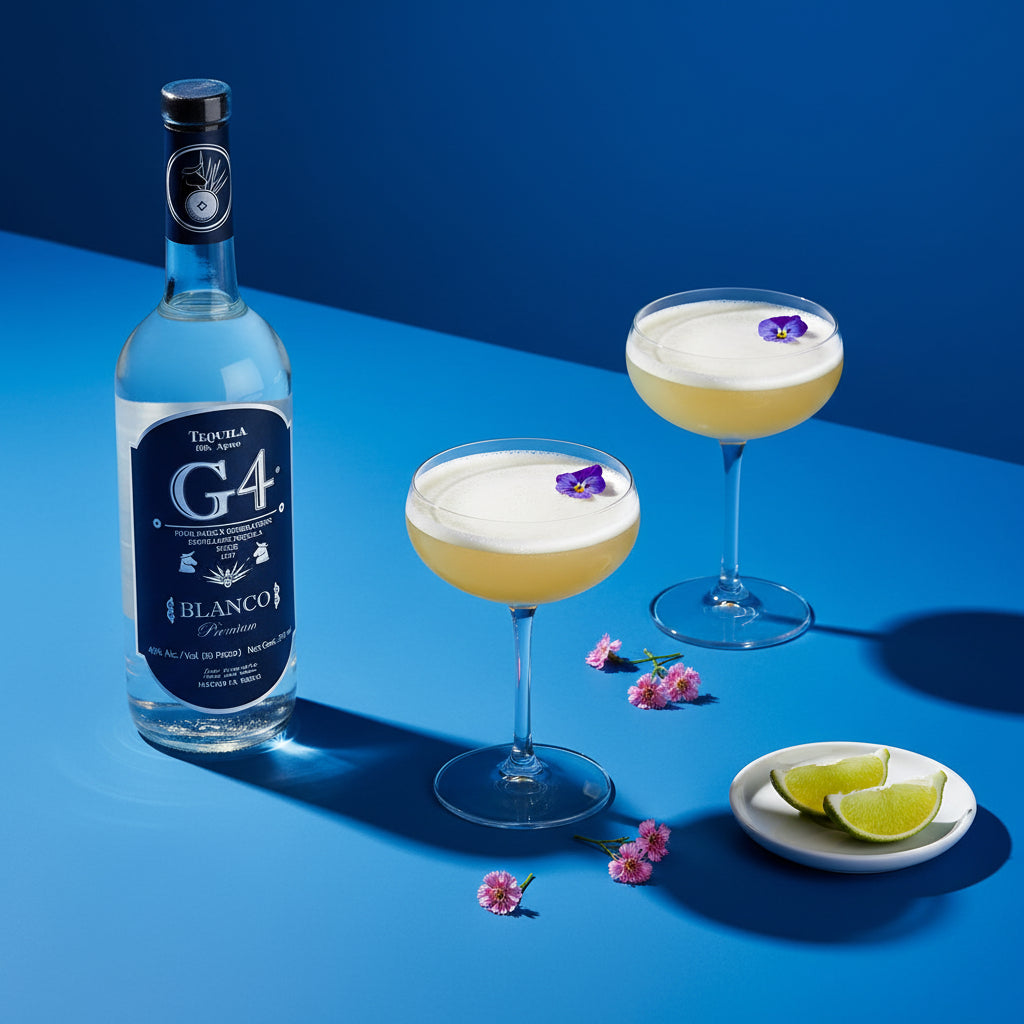 Load image into Gallery viewer, A bottle of G4 Tequila Blanco is styled on a blue surface next to two coupe glasses filled with a pale yellow cocktail, small pink flowers, and lime wedges on a small white dish.