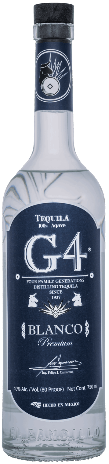 Load image into Gallery viewer, A bottle of G4 Tequila Blanco 100% agave, featuring a clear glass bottle with a dark navy blue label and a black cap.