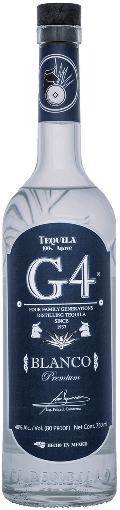 A bottle of G4 Tequila Blanco 100% agave, featuring a clear glass bottle with a dark navy blue label and a black cap.