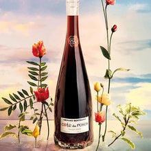 Load image into Gallery viewer, a bottle of red wine with some flowers with a pink sky behind it.