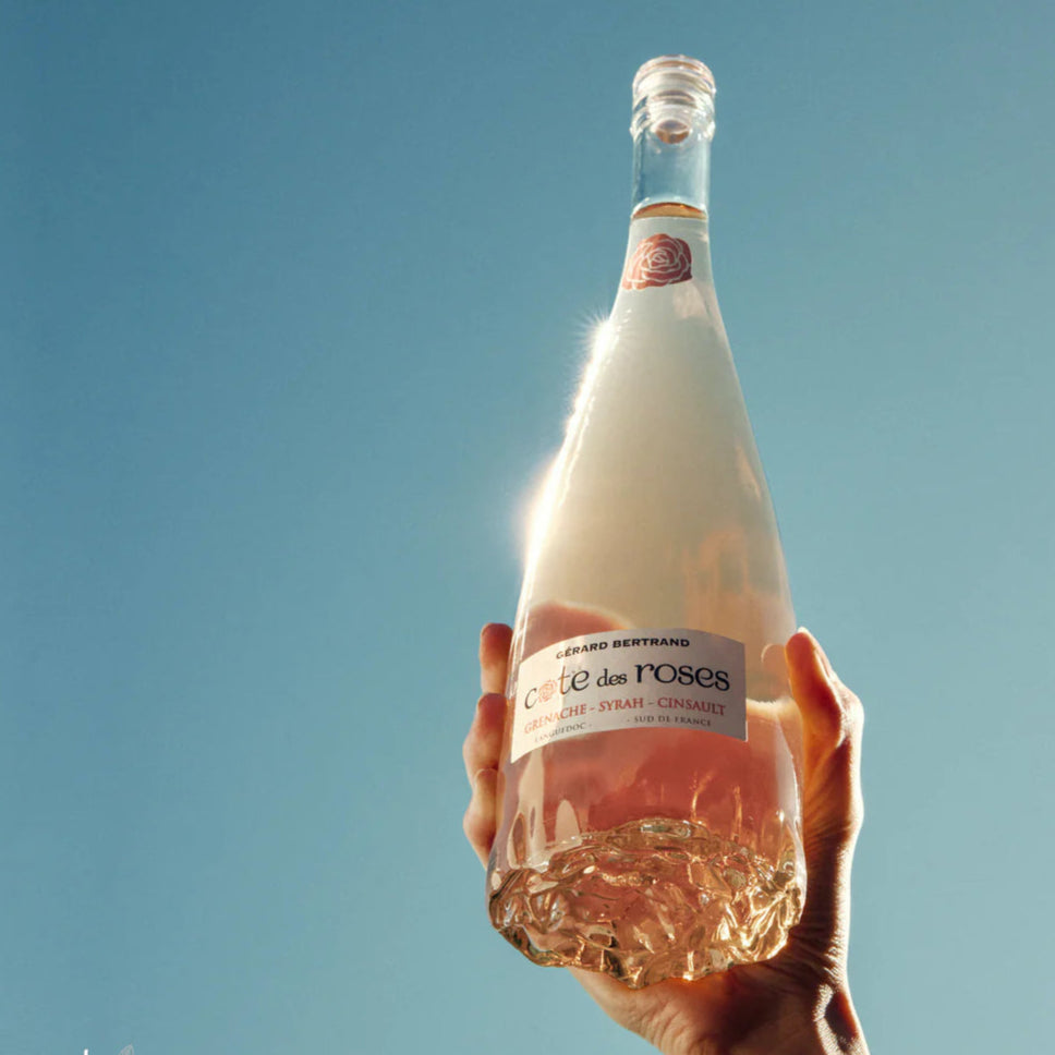 Load image into Gallery viewer, A woman holding a bottle of Gerard Bertrand Côte des Rosés up in the blue sky
