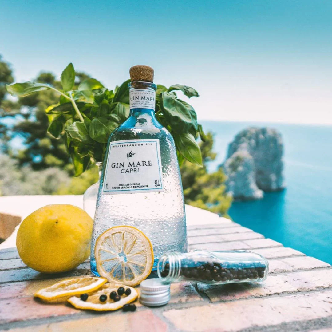Load image into Gallery viewer, A bottle of gin and some lemon slices with the sea as a background