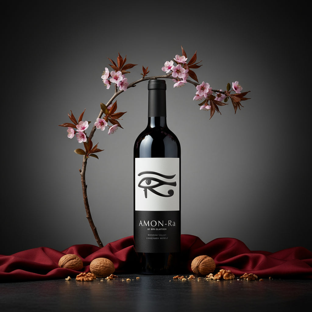 Glaetzer-Amon-Ra-Barossa-Shiraz wine bottle labeled 'Amon-Ra' with cherry blossoms and walnuts on a dark background
