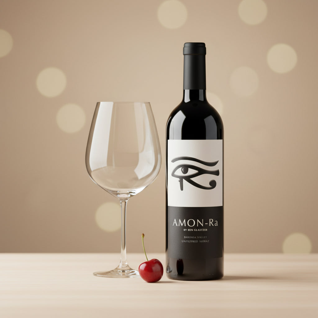 Bottle of Glaetzer-Amon-Ra-Barossa-Shiraz a wine with a glass and cherry on a beige background