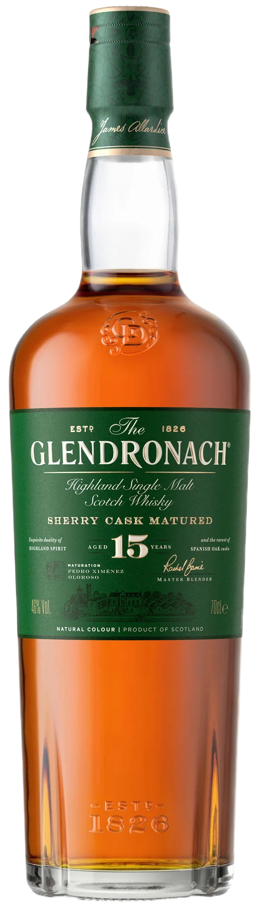 Glendronach 15 year old whisky bottle with green cap on a white background