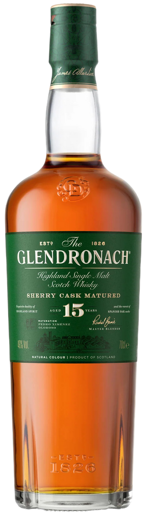 Glendronach 15 year old whisky bottle with green cap on a white background