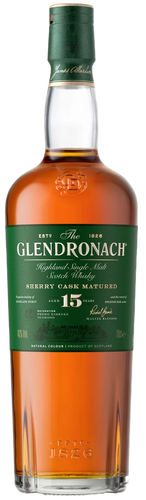 Glendronach 15 year old whisky bottle with green cap on a white background