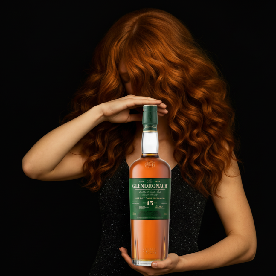 Woman holding a bottle of GlenDronach whisky with a dark background