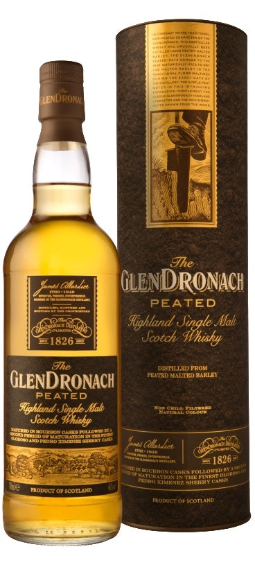 A bottle of GlenDronach Peated Highland Single Malt Scotch Whisky 700ml next to its Gift Tube Box