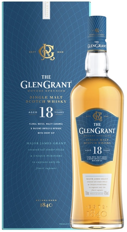 Load image into Gallery viewer, An image of a bottle of Glen Grant 18 Year Old Single Malt Speyside Scotch Whisky 700ml next to its handsome Gift Box