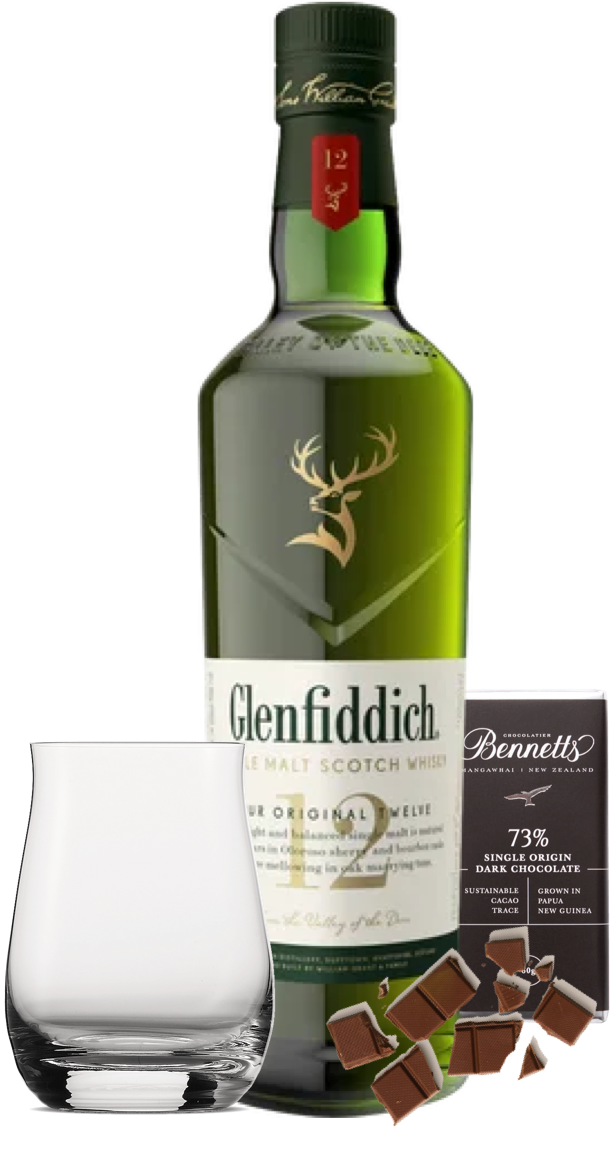 An image of a Glenfiddich 12YO Scotch Whisky Gift Box including a handsome tumbler glass and a bar of hand-crafted Bennetts Dark chocolate