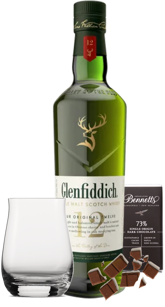 An image of a Glenfiddich 12YO Scotch Whisky Gift Box including a handsome tumbler glass and a bar of hand-crafted Bennetts Dark chocolate