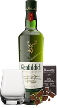 Load image into Gallery viewer, An image of a Glenfiddich 12YO Scotch Whisky Gift Box including a handsome tumbler glass and a bar of hand-crafted Bennetts Dark chocolate