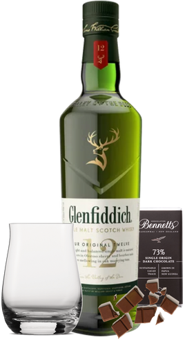 An image of a Glenfiddich 12YO Scotch Whisky Gift Box including a handsome tumbler glass and a bar of hand-crafted Bennetts Dark chocolate