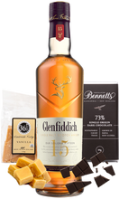 Load image into Gallery viewer, Glenfiddich 15-year-old whisky bottle with Bennetts Dark chocolate and 36 Degrees fudge on a white background