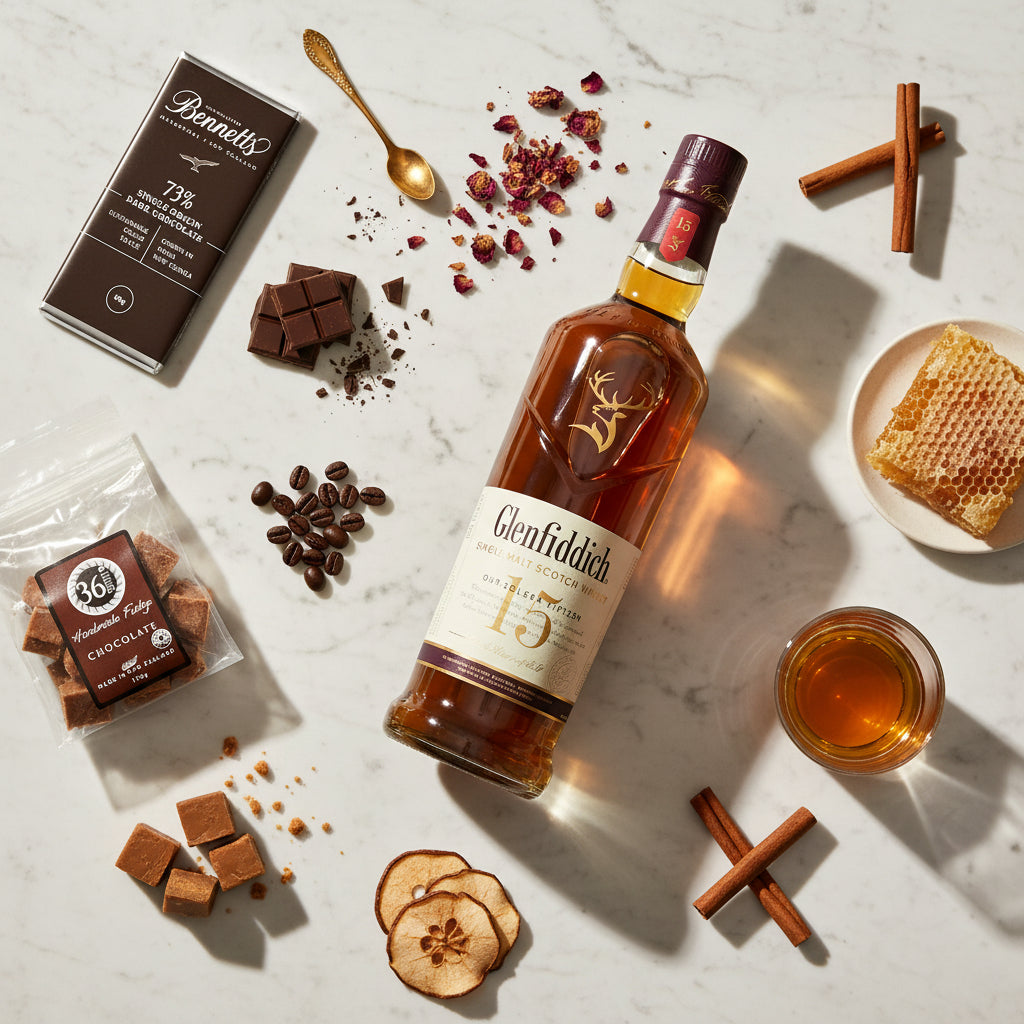 Load image into Gallery viewer, A bottle of Glenfiddich 15 Year Single Malts Scotch whisky is arranged on a light marble surface with styled food and drink props, including a chocolate bar, honeycomb, dried apple slices, coffee beans, cinnamon sticks, and a glass of amber liquid. A small package of Fortnum's Crumble Fudge is also visible.