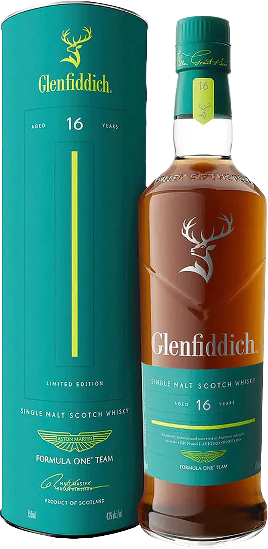 Load image into Gallery viewer, Glenfiddich 16 Year Old Aston Martin F1 Limited Edition bottle and gift box packaging with Formula One Team branding.