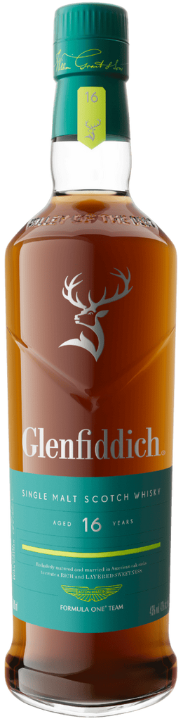 Glenfiddich 16 Year Old Aston Martin F1 Limited Edition bottle with a green cap and label.
