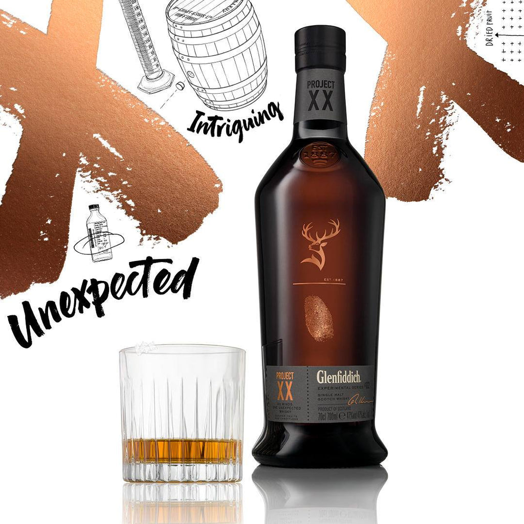 Glenfiddich Project XX bottle with a glass of whiskey on a white background